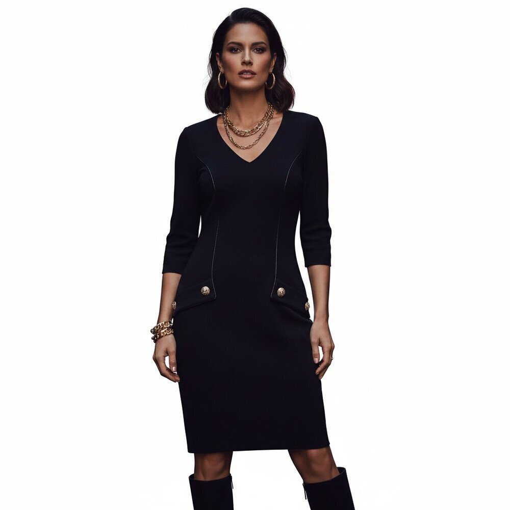 *Versace Jeans Black Ribbed Sheath Dress Gold Button Detail V-Neck Bodycon XS